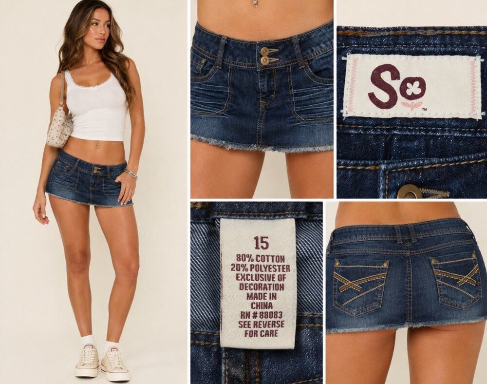 Y2K Indie Sleaze SO Denim Micro Mini Skirt Size 15 Dark Wash Indigo Frayed Hem